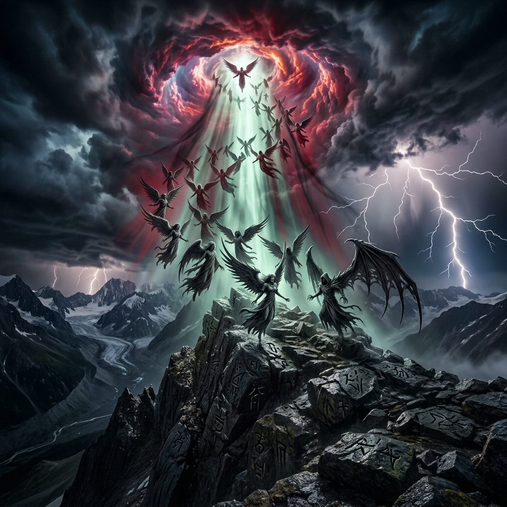 Glowing angels ascending from mountain peak toward bright light in stormy sky with lightning and climbers below